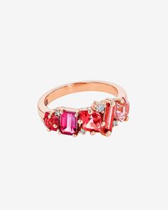 Kalan By Suzanne Kalan Nadima Red Ombre Glimmer Ring in 14k rose gold Ombre Rings, Red Ombre, Pink Topaz, Baguette Cut, White Diamonds, Morganite, Diamond Cut, Vibrant Red, Cocktail Rings