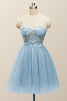 Straps Blue Corset Tulle A-line Short Dress