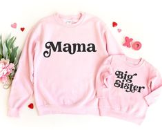 "Cute and cozy way to announce your new reason for joy to the world! Each sweatshirt needs to be added to the cart *separately*. ♥ Soft and comfy cotton blend crewneck sweatshirt. ♥ Our shirts are printed using a high-end DTG (Direct to Garment) printer that uses water-based inks which are absorbed into the fabric, creating a smooth finish on the shirt, that won't fade or peel off (no vinyl!). ♥ MADE TO ORDER - Please allow 1-4 business days for this item to be made and prepared for shipping. ♥ Pink Long Sleeve T-shirt For Gender Reveal, Long Sleeve T-shirt With Letter Print For Gender Reveal, Family Matching Long Sleeve Tops For Gender Reveal, Pink Long Sleeve Top For Gender Reveal, Cotton Letter Print Sweatshirt For Gender Reveal, Sibling Announcement, Bff Shirts, Grandson Gift, Gifts For Aunt