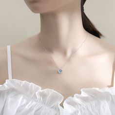 Women's Sterling Sier Simple Cold Style Rose Necklaces Elegant Light Blue Necklace For Anniversary, Elegant Light Blue Round Pendant Necklace, Blue Clavicle Chain Necklace For Wedding, Light Blue Sterling Silver Necklace Fine Jewelry, Light Blue Sterling Silver Necklace, Light Blue Clavicle Chain Necklace, Light Blue Sterling Silver Necklace For Anniversary, Light Blue Sterling Silver Round Necklace, Light Blue Round Sterling Silver Necklace