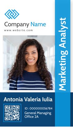 a business card with an image of a woman in blue and white striped shirt smiling at the camera