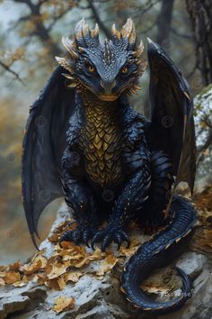 a black dragon statue sitting on top of a tree branch in the woods with its wings spread