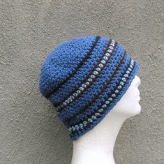 "this beanie was hand crocheted with soft blue cotton and accented by stripes of navy, light blue and brown- it measures 8\" long and will fit (or stretch to fit) most average size heads (21\"-23\" in circumference)- please contact me if you would like a custom size. 8\"=20.32 centimeters long 21\"-23\"= 53.34 - 58.42 centimeters in circumference this hat was made with care, attention to detail and nice quality cotton which will keep you warm but also breathes and is very comfortable- your hat w Mens Crochet Beanie, Visor Beanie, Handmade Gift Tags, Skull Cap Beanie, Crochet Beanie, Skull Cap, Grey Stripes, Cobalt Blue, Hand Crochet