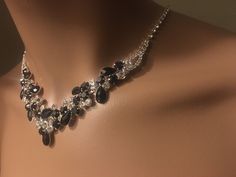 "Black Bridal jewelry set, Black , Silver Necklace with Earring, wedding jewelry set, Bridesmaid Crystal Rhinestone Jewelry, Teardrop Crystal Floral Rhinestone Necklace Color : Black, Silver Necklace Size : 14\" + 5.5\" L Decor Size : 1.5\" L Earring Size : 1.75\" L Please contact us for any special custom order ." Black Rhinestone Jewelry For Wedding, Black Rhinestone Wedding Jewelry, Elegant Black Jewelry Set For Wedding, Elegant Black Bridal Necklace For Formal Occasions, Black Crystal Jewelry Sets For Wedding, Black Jewelry With Sparkling Stones For Wedding, Black Sparkling Stones Jewelry For Wedding, Black Sparkling Stones Wedding Jewelry, Black Wedding Jewelry With Jewels