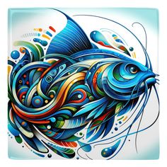 a fish with colorful swirls on it's body is shown in this artistic painting