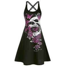 This Stunning Halloween Dress Features A Captivating Skull And Rose Print, Exuding A Gothic Charm. Its Cross-Back Cut-Out Strap Design Adds An Alluring Touch, While The A-Line Silhouette Ensures A Flattering Fit. Ideal For Those Seeking A Unique And Bold Fashion Statement. Skull And Rose Print Gothic Style Cross Back Design Cut-Out Straps A-Line Silhouette Mini Length Comfortable Fit Ideal For Halloween Statement Piece Machine Washable Breathable Fabric Versatile Wear Bust: 33.07”, Waist: 30.71” Black Halloween Beach Dresses, Sleeveless Skull Print Party Dress, Edgy Fitted Skull Print Dress, Fitted Skull Print Dresses For Spring, Fitted Skull Print Dress For Spring, Fitted Gothic Floral Print Dress, Spring Fitted Dress With Skull Print, Gothic Skull Print Party Dress, Punk Style Skull Print Summer Dress