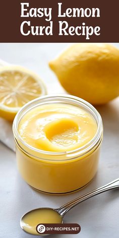 an easy lemon curd recipe in a jar with a spoon