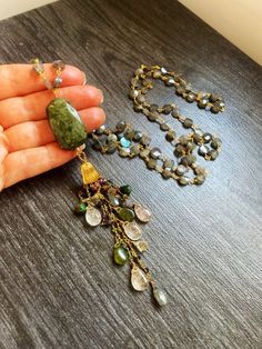 Handmade, 36” long Labradorite, Diopside, rutile Quartz, Sapphire, Topaz Mala necklace.  Gemstone jewelry.  One of a kind Gift. Wire wrapped natural stones.  Bohemian necklace, antique look.  This one of a kind Mala necklace is 36 inches long. Tassel is about 5.5 inches long.This unique necklace was Inspired by my love to Yoga, particularly Kundalini Yoga. This beautiful necklace will arrive in a complimentary jewelry box.You will get the same as on the photos necklace. Handmade Stone Jewelry, Long Beaded Necklaces, Primitive Jewelry, Homemade Necklaces, Green Amethyst Earrings, Boho Necklaces, Beads Craft Jewelry, Junk Jewelry, Beaded Necklace Designs