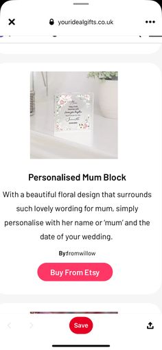 an email page for a personalised mum block with flowers on the front and back