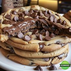 chocolate chip cookies stacked on top of each other