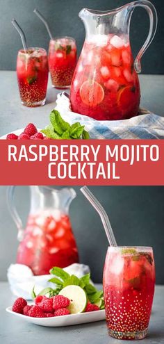 raspberry mojito cocktail in a pitcher with strawberries