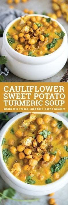 cauliflower sweet potato soup in a white bowl