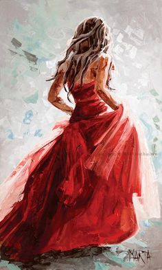 a painting of a woman in a red dress looking down at the ground with her back to the camera