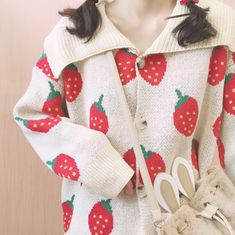 Free Shipping~|| Sweet Strawberry Knit Cardigan, Sweater Coat. Cheap Strawberry Print Tops For Spring, Cute Strawberry Sweaters, Blanket Hoodie Strawberry, Knitted Sweaters Strawberry, Stawberry Vest, Kawaii Spring Sweater, Cute Beige Sweater For Spring, White Kawaii Cardigan For Fall, Sweet Pink Cardigan For Fall