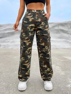 Embrace a rugged and stylish look with our Camo Printed Cargo Jeans. These jeans feature a bold camo print that adds a touch of attitude to your outfit. With cargo pockets, they offer functionality and an urban edge. Made from high-quality denim, these cargo jeans provide both durability and comfort. Step up your fashion game and showcase your unique style with our Camo Printed Cargo Jeans. Details: Pattern Type: Camo Type: Wide Leg Jeans Style: Cargo Pants Closure Type: Zipper Fly Waist Line: H Grunge Style Cargo Jeans With Pockets For Fall, Fall Grunge Cargo Style Jeans, Fall Cargo Style Grunge Jeans, Fall Grunge Jeans With Cargo Style, Casual Brown Cargo Pants For Fall, Outdoor Camouflage Cargo Pants With Patch Pockets, Fall Grunge Cargo Pants, Grunge Cargo Pants With Pockets For Fall, Casual Brown Jeans With Side Pockets