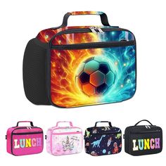 lunch bags with different designs on them and the words lunch written in large letters, including an image of a soccer ball