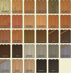 the color chart for different types of wood sidings and doors, with names on each side