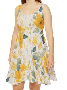 DESCRIPTION Discover the perfect addition to your wardrobe with our exquisite yellow floral print sleeveless dress. Designed for versatility, this dress is ideal for any occasion, from work to brunch, church, everyday wear, or as a wedding guest outfit. Enhance its elegance by adding a blazer or cardigan to transition effortlessly from day to night. For a night out, pair it with statement jewelry to create a stunning look. Key Features: ▸Elegant Design: High cut scooped neckline and a circle cut Summer Sleeveless Fit And Flare Dress With Floral Print, Floral Print Sleeveless Sundress, Knee-length, Floral Print A-line Sundress For Garden Party, Sleeveless Fit And Flare Midi Dress For Garden Party, Elegant Yellow Floral Summer Dress, Floral Print Fit And Flare Sundress, Sleeveless Fit And Flare Sundress For Brunch, Fitted Floral Sleeveless Dress For Brunch, Spring Floral Print Sleeveless Knee-length Dress