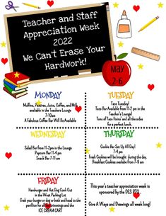 a flyer for teachers and staff appreciation week with an apple, books, pencils, and school supplies