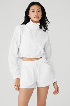 Cropped 1/4 Zip Alumni Pullover - White | Alo Yoga Cute Tennis Skirt, Bungee Cords, Gym Essentials, Cropped Pullover, Tennis Skirt, Alo Yoga, Spring 2024, Biker Shorts, 1/4 Zip