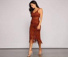 Bring the boho-chic vibes to your stylish summer look with this stunning midi dress! It features a sleeveless scoop neckline. spaghetti straps. a mid-length. curve-hugging silhouette. and a sheer crochet fabric with a trendy fringe hem. Wear this dress as a cover-up over your fave bikini for the perf poolside outfit.Fit & Features Sleeveless scoop neckline Spaghetti straps Mid-length. form-hugging fit Sheer crochet fabric. fringe hem Runs true to size Bohemian Schick, Poolside Outfit, Christen Harper, Trendy Fringe, Festival Mode, Stylish Midi Dress, Honeymoon Style, Midi Dress Chic, Crochet Midi Dress