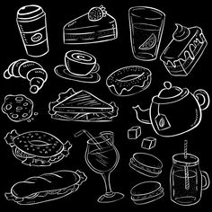 food and drinks drawn in chalk on blackboard