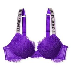 Brand New With Tags Attached Victoria’s Secret Very Sexy Push Up Thick Padding Bra Sparkly Shine Logo Silver Rhinestone Bling Diamond Straps Royal Purple Violet Lace Size 32d Great For Romantic Valentine’s Day Lingerie Outfit Or Gift, Costume, Stage Wear, Exotic Dance Or Rave Bra. Instagram @Dazzled_doll_dreamwear Check Out My Closet I Have Custom Bling ,Glitter ,Rhinestone , Swarovski, Barbie Doll, Disney Princess, Clubwear, Victoria Secret Fashion Show , Starbucks Tumblers And Sexy Exotic Danc Exotic Dance, Green Bras, Rave Bra, Cute Bras, Victoria Secret Fashion, Lingerie Outfits, Victoria Secret Fashion Show, Victoria Secret Bras, Bra And Panty Sets