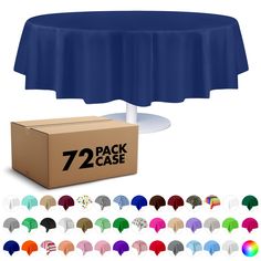 an image of a round table cloth with 72 pack cases in the front and back