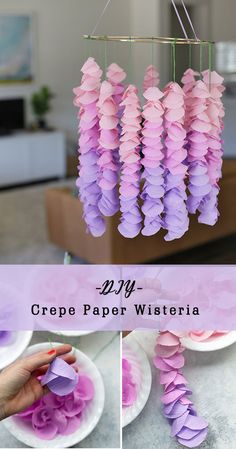 crepe paper wisteria hanging from a wire in the shape of flowers