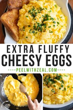 scrambled eggs in a skillet with toast and parsley on the side for extra fluffy cheesy eggs