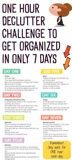 a poster with the words one hour declutter challenge to get organized in only 7 days