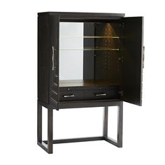 a black cabinet with glass doors and two drawers on one side, in front of a white background