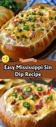 an easy mississippi spin dip recipe with ham and cheese on top is shown in this collage