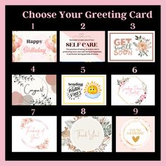 some cards with the words, choose your greeting card 1 2 3 4 5 6