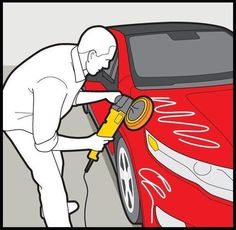 a man is painting the side of a red car with yellow spray paint on it