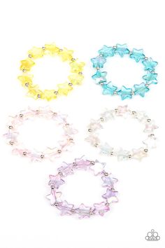 Pack of five bracelets in assorted colors and shapes with a retail price of $1 each. Featuring an iridescent finish, the star beaded stretchy bracelets vary in shades of blue, yellow, purple, pink, and white. Paparazzi Accessories Jewelry, Sparkle Fashion, Antique Brass Frame, Children's Jewelry, Diy Kandi, Bracelet Pack, Yellow Bracelet, Bracelet Kits, Purple Pearl