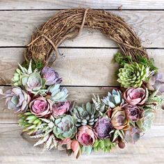 a wreath with succulents is hanging on a wooden wall