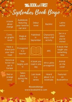 an autumn book bingo game with the words, books first and fall leaves on it