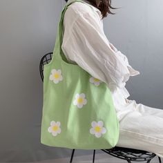 Green Flower Tote Bag Canvas Material Bag Size 14.9” X 15.7” Strap Hangs 11” From Shoulder Sacs Tote Bags, Canvas Beach Bag, School Tote, Flowers Tote, Shopper Bags, Tote Outfit, Ladies Handbags, Cute Tote Bags, Cute Bags