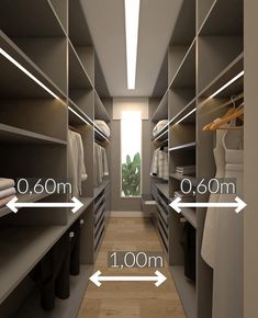 an image of a walk in closet with clothes on the shelves and one room to the left