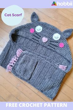 a crocheted cat sweater with the words, free crochet pattern on it