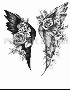 two angel wings with roses and leaves on their wings, one is black and white