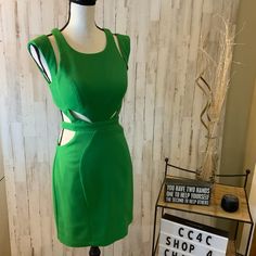 100% Polyester. Pit To Pit Is 15, Waist Is 12, Hips Are 18 And Length Is 34 1/2. Casual Fitted Dress With Cut-out Waist, Fitted Mini Dress With Cut-out Waist For Day Out, Chic Green Mini Dress With Cutout, Green Cutout Dress For Day Out, Spring Green Mini Dress With Cutout, Green Cutout Mini Dress For Spring, Green Cutout Mini Dress For Night Out, Madison James, Black Mesh Dress