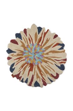 a multicolored flower rug is shown on a white background with blue, red, and yellow accents