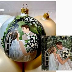 an ornament with a bride and groom painted on it next to a christmas ornament