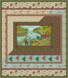 a quilt with a man fishing on the river