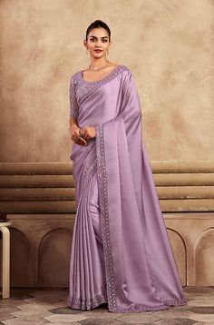 Mauve Designer Embroidered Silk Wedding Party Wear Saree-Saira's Boutique Mauve Wedding Party, Satin Saree Blouse Designs, Satin Saree Party Wear, Satin Saree Blouse, Embroidery Stones, Farewell Ideas, Saree Satin, Mauve Fabric, Pins Ideas