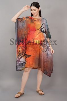 Orange Shift Dress For Summer, Loose Spring Vacation Dresses, Summer Orange Shift Dress, Spring Short Sleeve Free Size Cover-up, Shift Dress For Vacation, Multicolor Silk Tunic, Casual Multicolor Dresses For Resort Season, Relaxed Fit Loose Summer Dresses, Casual Multicolor Resort Season Dresses