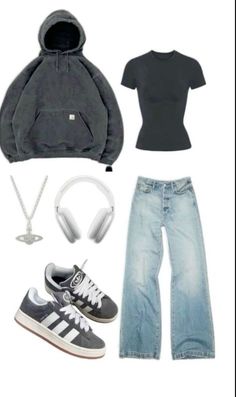 a woman's outfit with headphones, sneakers and hoodie is shown in this image