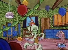 a cartoon character is dancing on the dance floor with balloons in the air and other decorations hanging from the ceiling